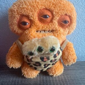 Plush Three-Eyed Orange Monster with Leopard Pouch
